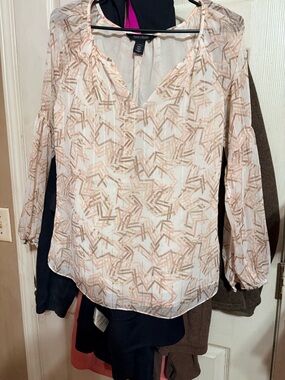 White House Black Market White and Blush Geometric Sheer Blouse